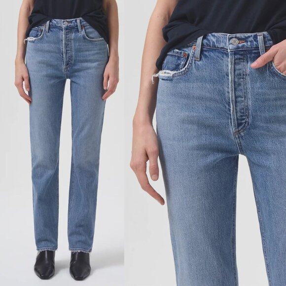 Agolde Blue Freya High-Rise Slim-Leg Stretch Organic Jeans Size 28 26970 - Picture 1 of 15